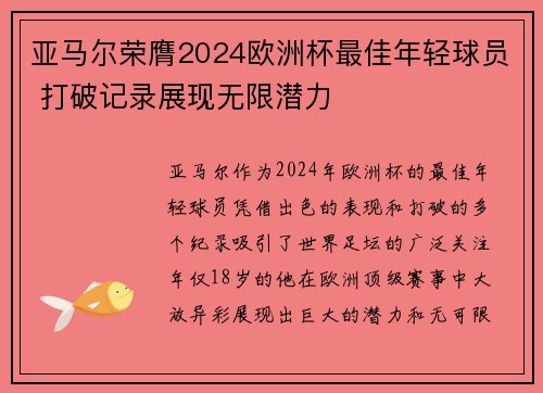 亚马尔荣膺2024欧洲杯最佳年轻球员 打破记录展现无限潜力